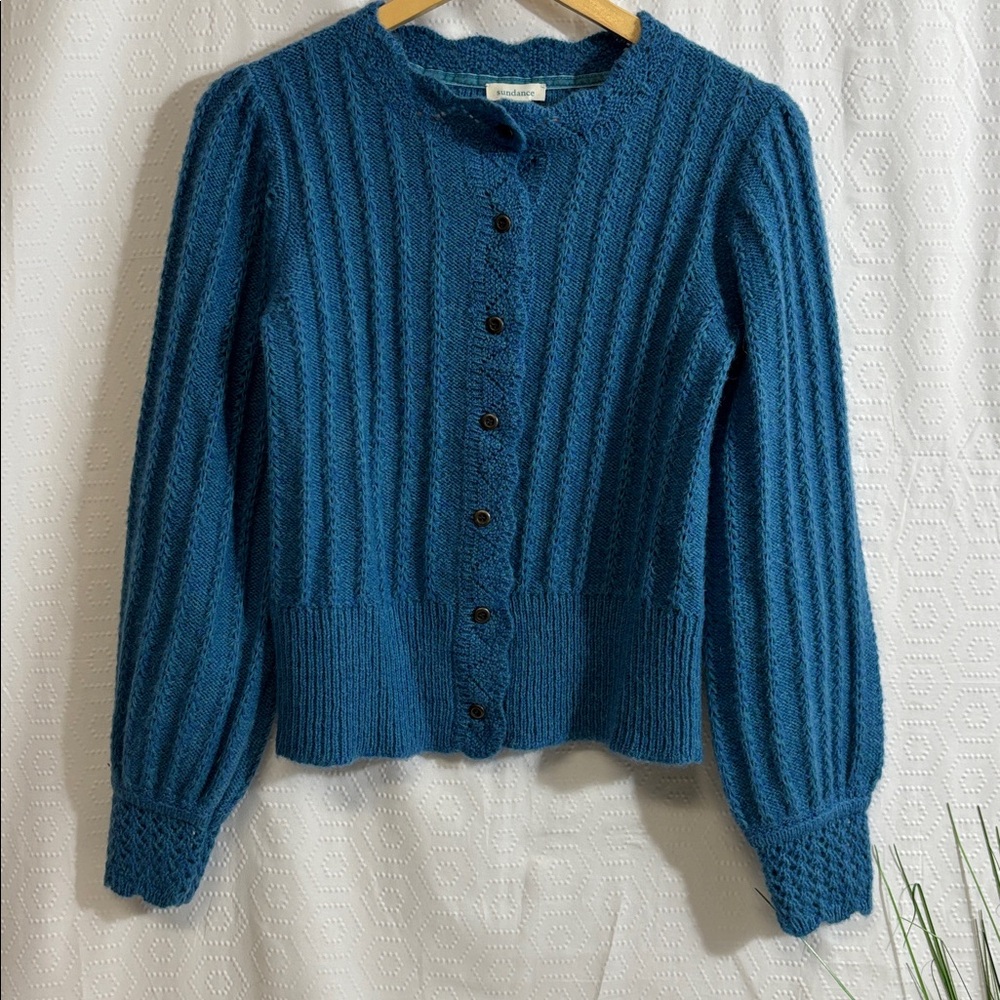 Sundance Catalog Alpine Kiss Cable Cardigan Wool Blend Blue Sweater